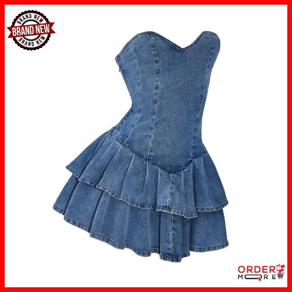 Strapless Mini Denim Dress with Ruffle Layers, A-Line Fit